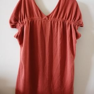 Pleione Rust Terry Double V Neck Short Sleeve Top